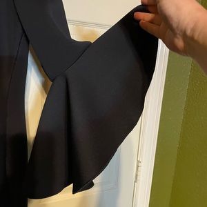 Navy formal. Creates waist, off shoulder, bell sleeves. Short train with hooks.